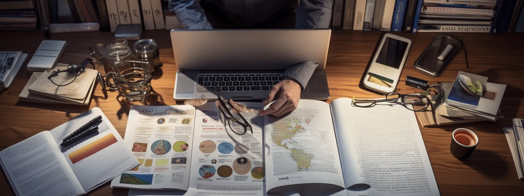 a person conducting keyword research with various tools and notebooks, surrounded by seo-related books and resources.
