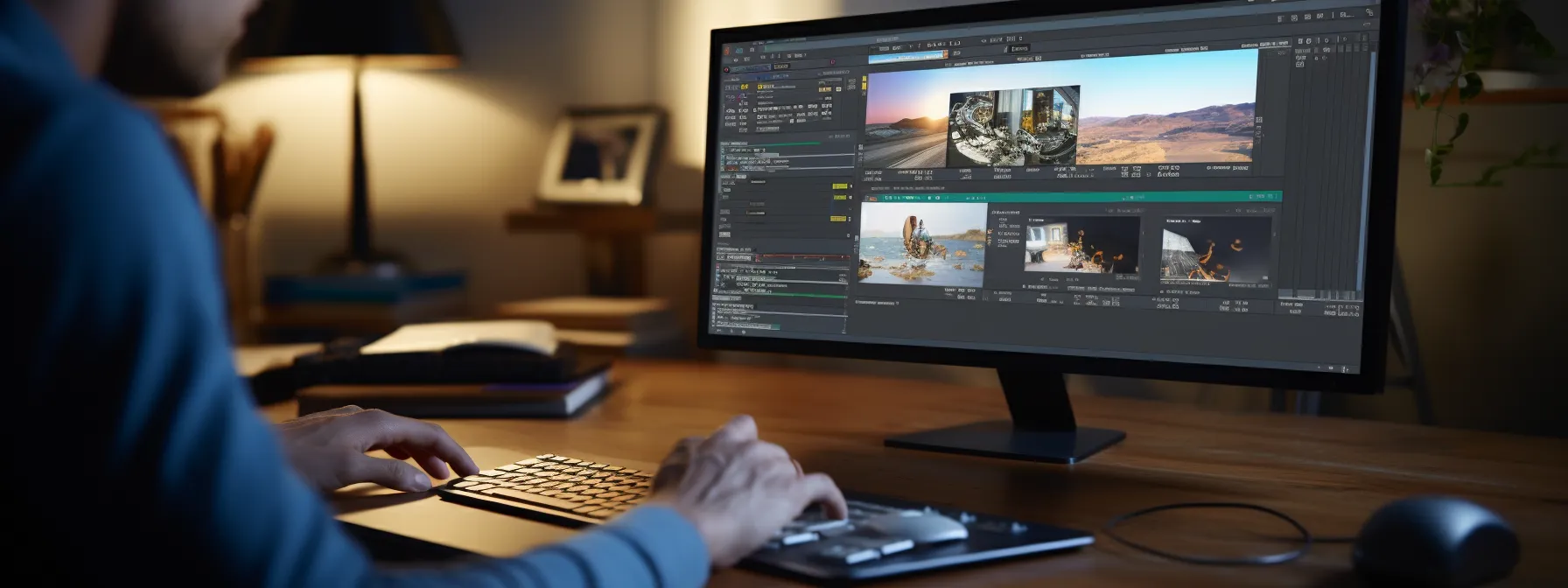 a person using a desktop computer with various social media icons displayed on the screen.