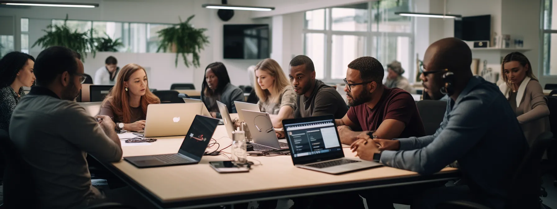 a group of diverse individuals working together in a classroom, engaged in a digital marketing training course.