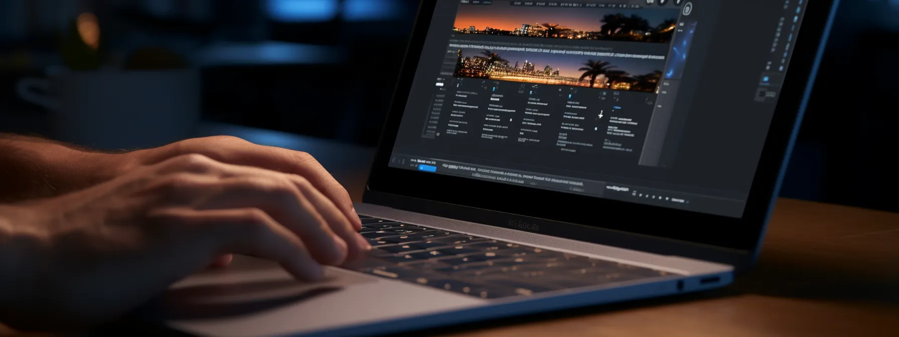 a person typing on a laptop with a microphone symbol in the search bar.