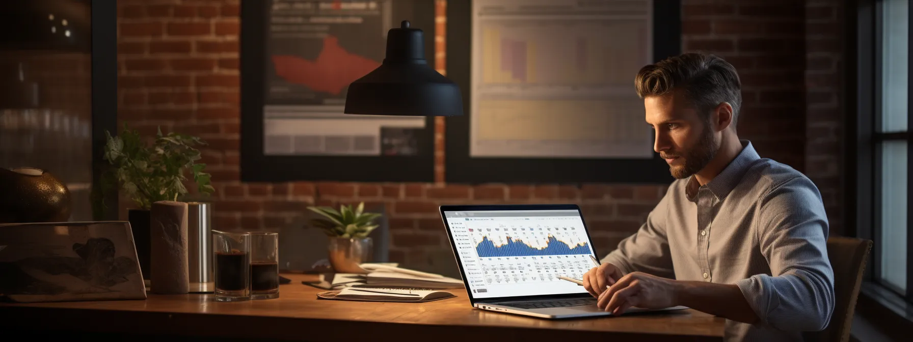 a person sitting at a desk with a laptop, conducting keyword research, building backlinks, and analyzing campaign outcomes using google analytics and google search console.