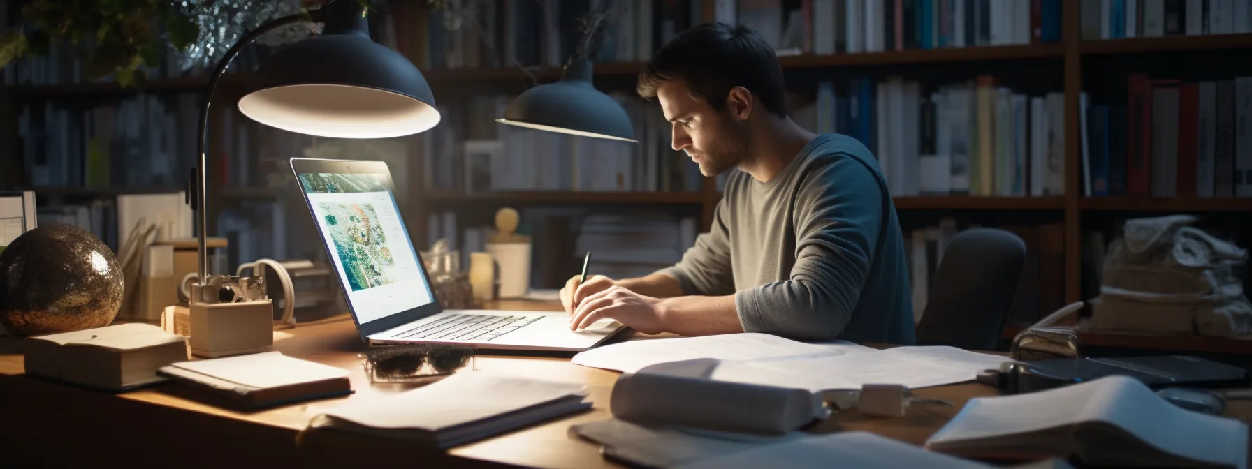 a person studying on the seotheory platform with a laptop open, surrounded by books and notes.