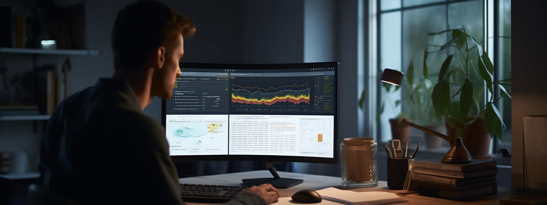 a person studying and analyzing keywords on a computer screen.