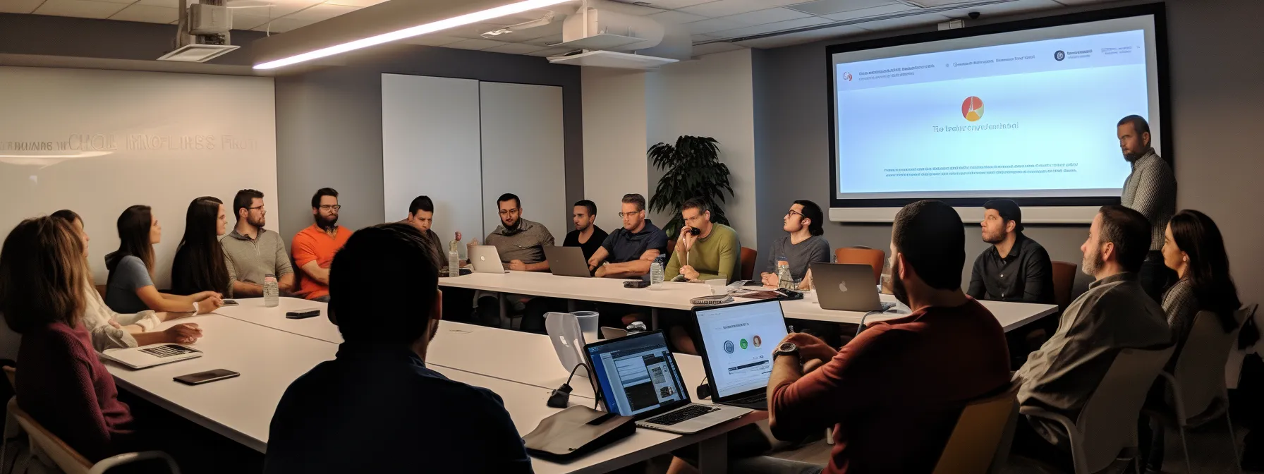 a group of digital marketers sitting in a classroom, listening attentively to manick bhan as he explains the importance of a google-friendly site structure in seotheory's class,