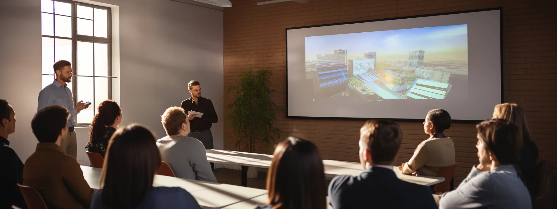 a group of people attentively watching a presentation on seo in a classroom setting.