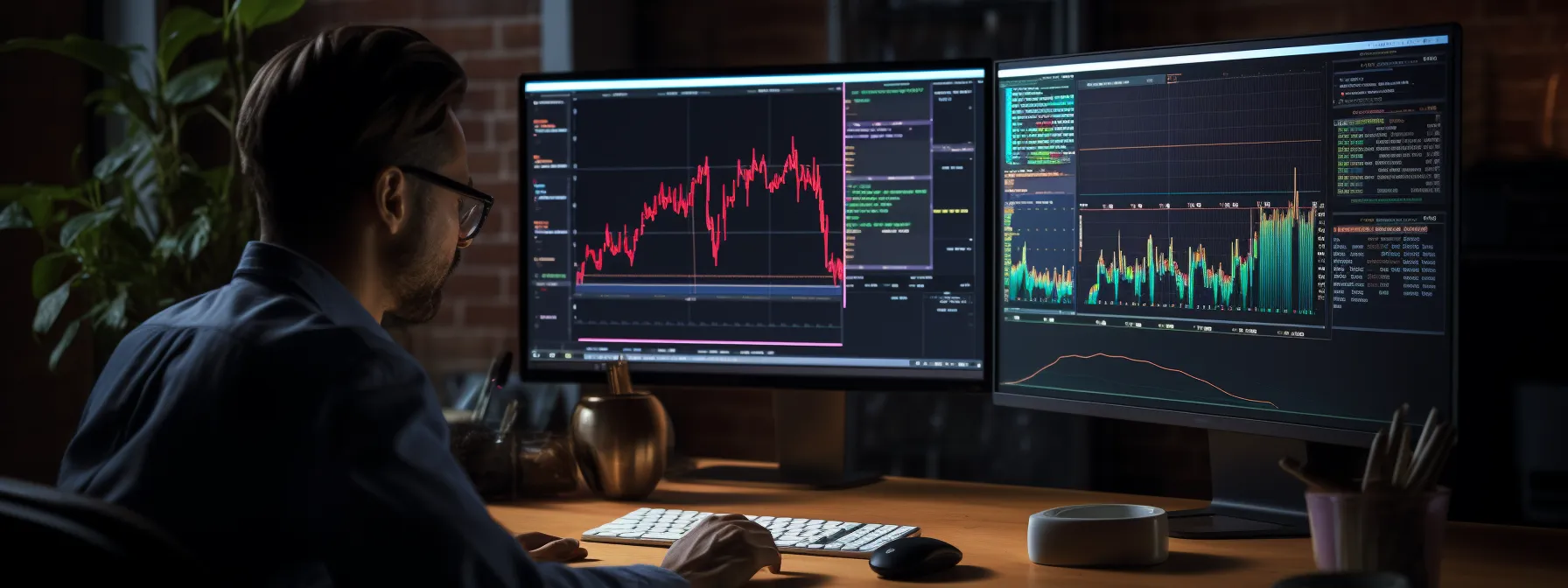 a person analyzing keyword data on a computer screen, surrounded by charts and graphs.