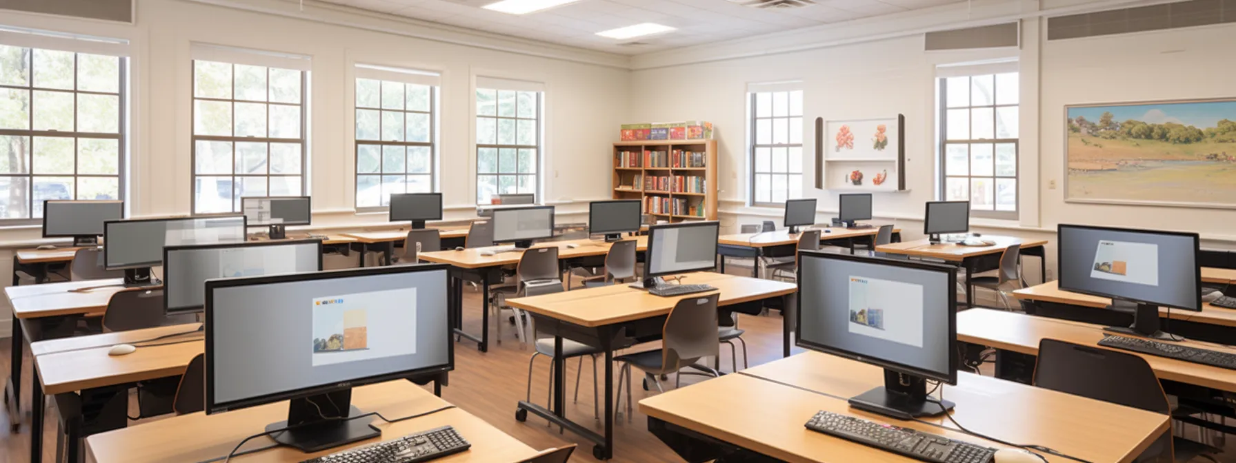 a classroom setting with students using computers and engaging with seo training materials.