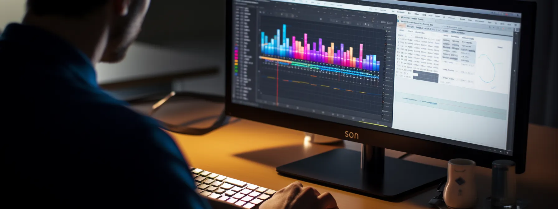 a person analyzing keywords and strategies on a computer screen for seo optimization in digital marketing.