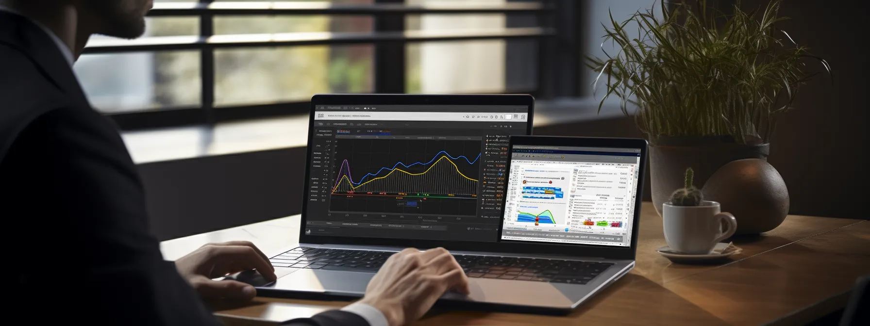 a person studying a laptop screen with various charts and graphs related to search engine optimization.