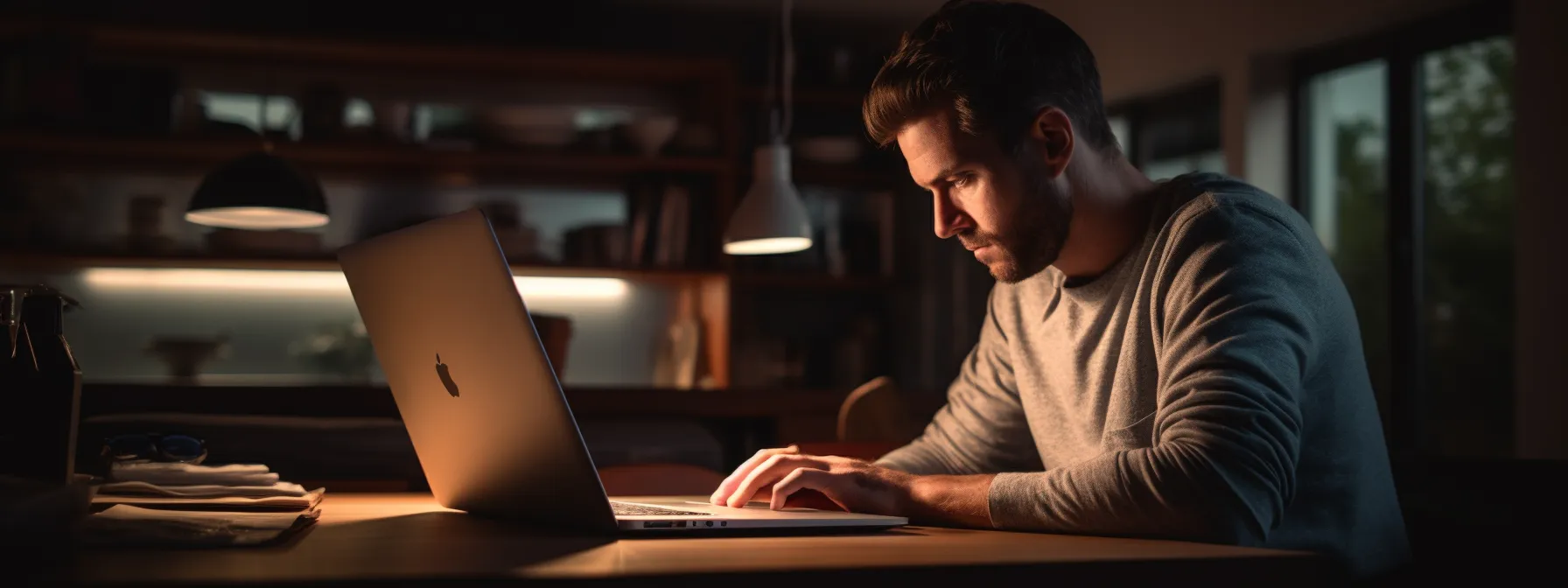 a person sitting at a desk, studying seotheory's website with a laptop and taking notes.