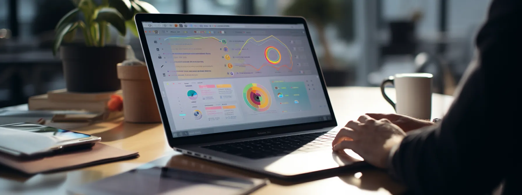 a person studying seotheory on a laptop with various seo tools and resources in the background.