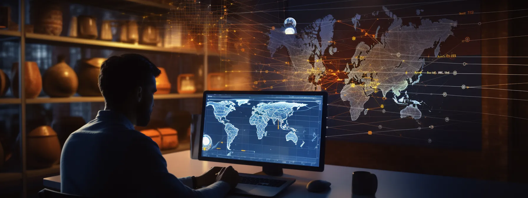 a person researching and analyzing data on a computer screen, surrounded by a web of interconnected keywords and content hubs.