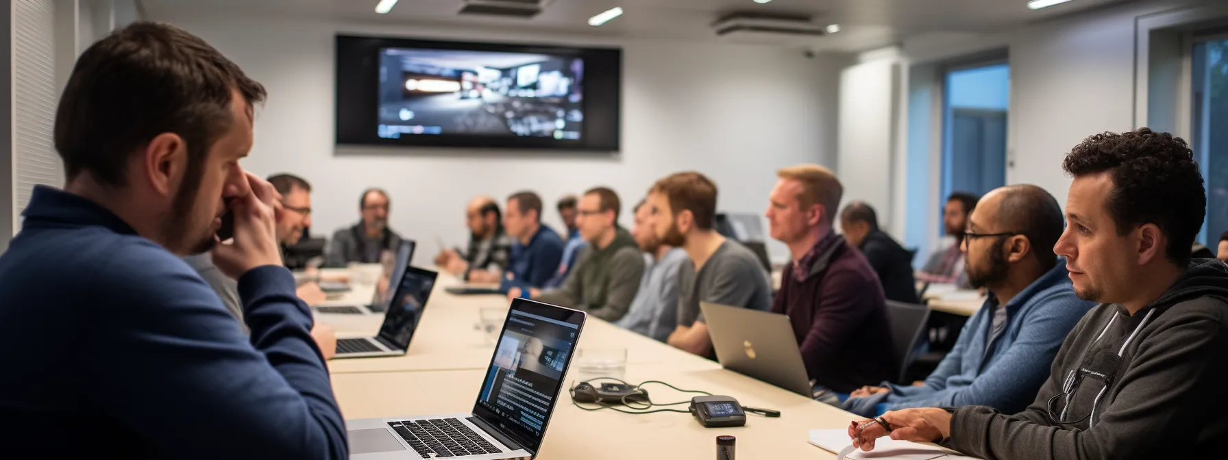 a group of web developers sitting in a classroom, engaged in a lecture about seo techniques and website development.
