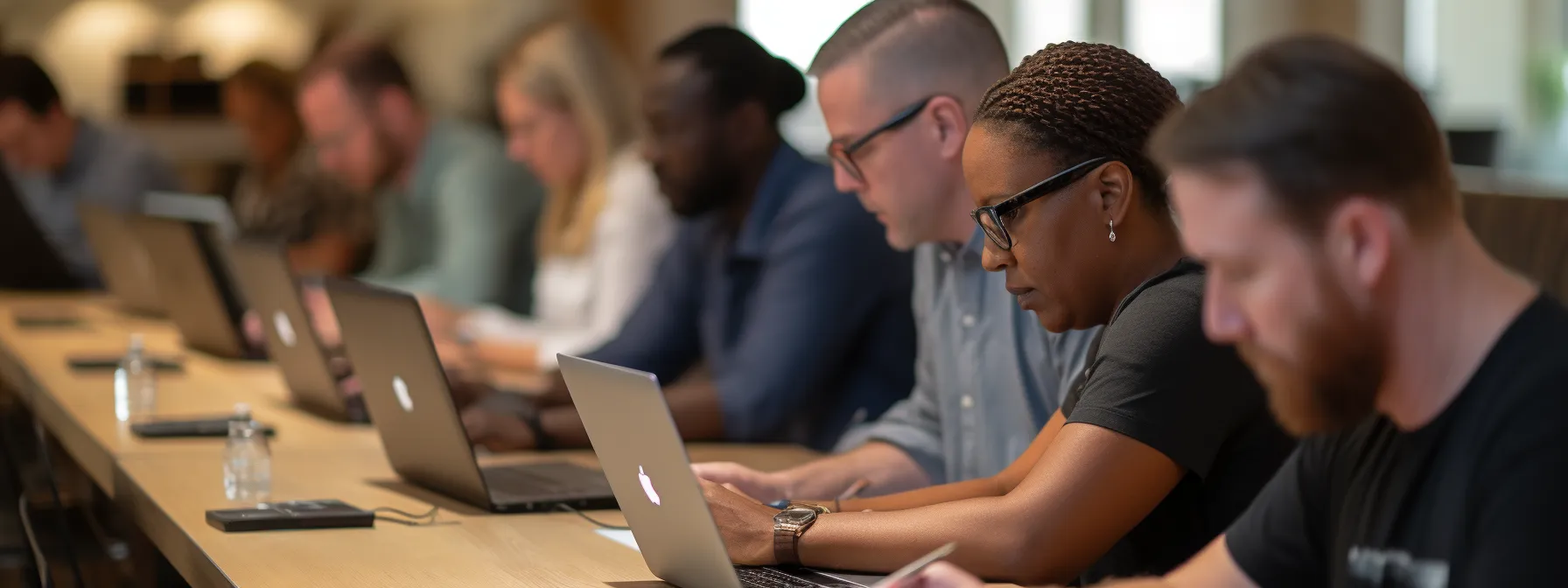 a group of aspiring seo consultants attentively listening and taking notes during a keyword research training session led by manick bhan.