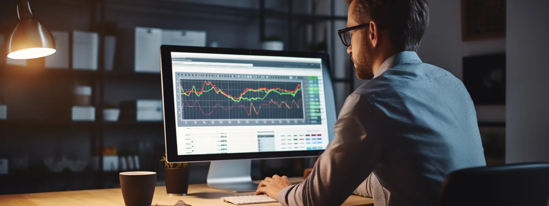 a digital marketer analyzing performance metrics on a computer screen with advanced seo software.