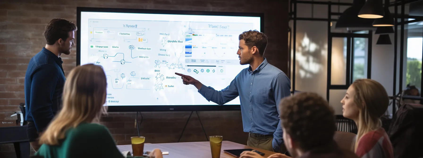 a group of students analyzing seo concepts on a whiteboard.