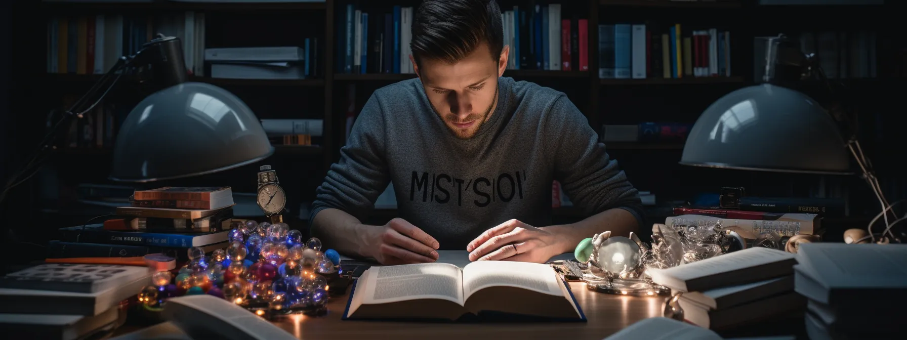 a person studying a book titled