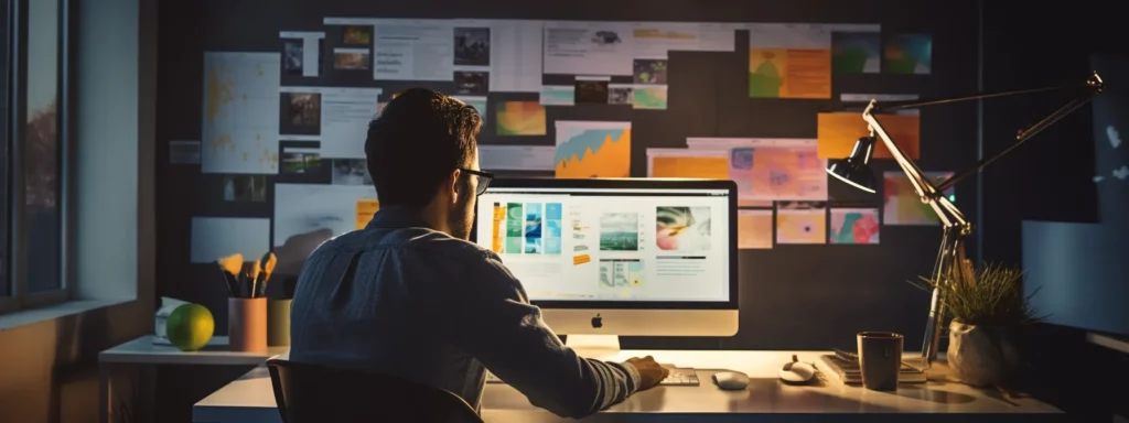 a person sitting at a computer, surrounded by sticky notes and charts, strategizing for effective link building to improve seo.