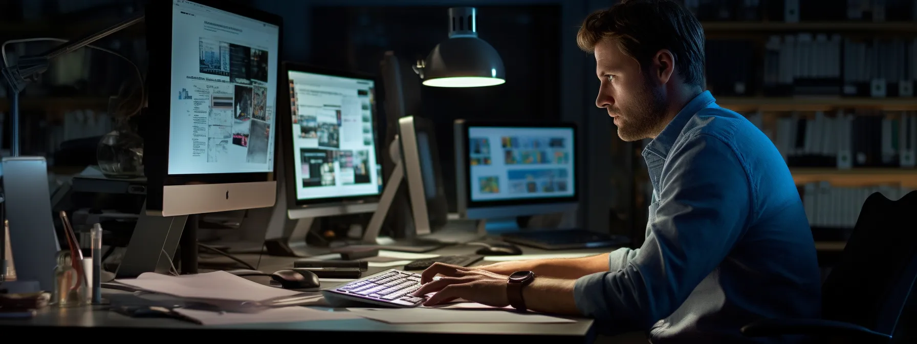 a person sitting at a desk, surrounded by computer monitors and stacks of paper, researching and creating backlinks for their e-commerce site.