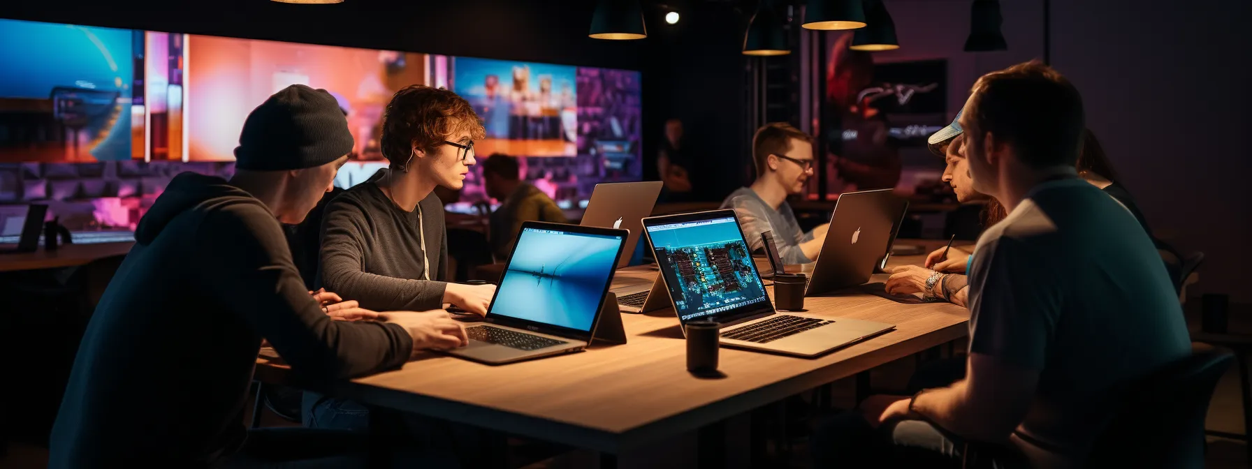 a group of people working on laptops at a table, with a banner in the background that reads