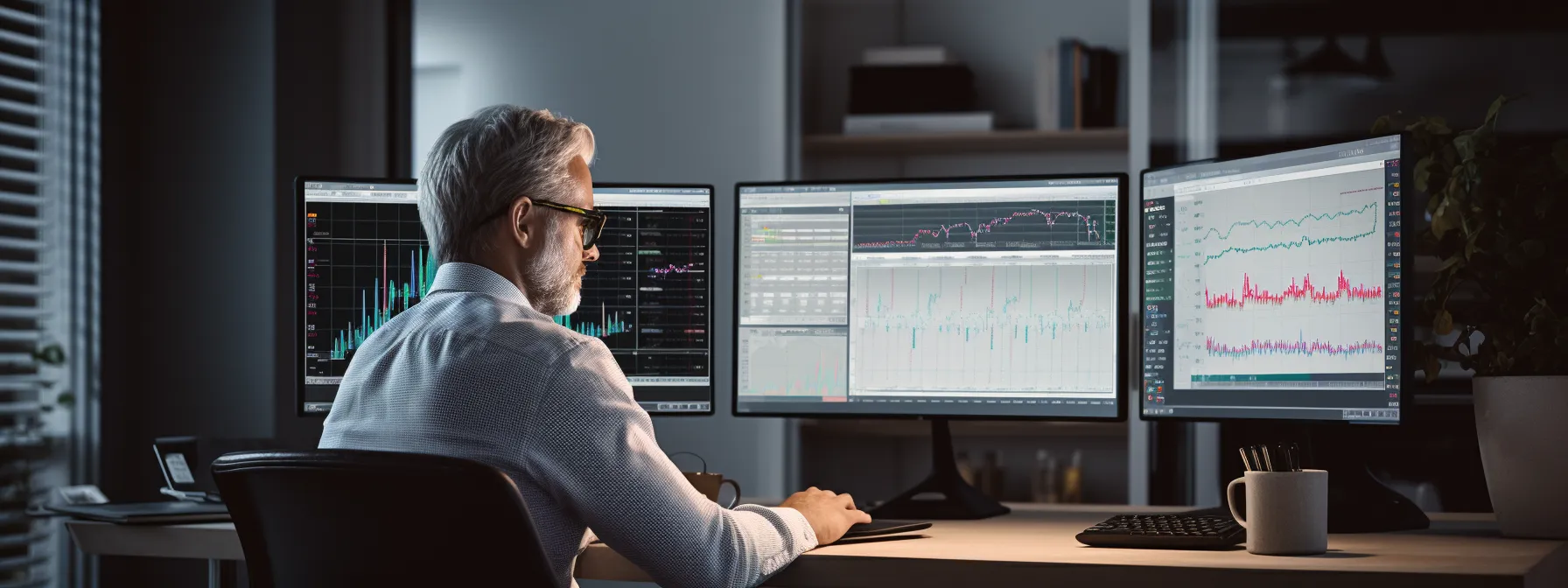a person sitting at a computer, studying a screen filled with data and graphs about website speed and seo.