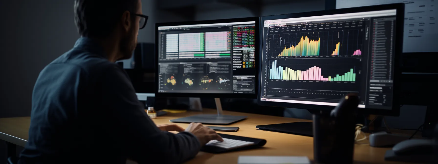 a person analyzing keyword metrics on a computer screen.