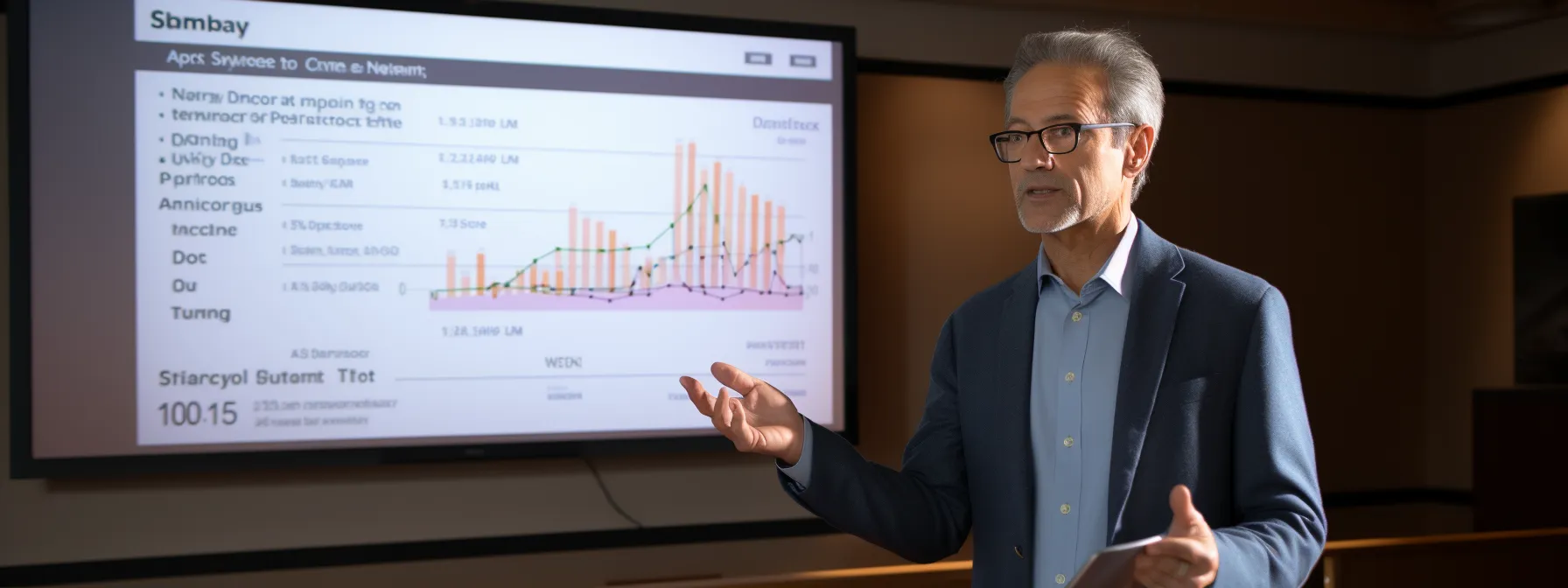 a person attending a training program on seo-friendly content creation taught by manick bhan, with keywords and seo best practices displayed on a presentation screen.