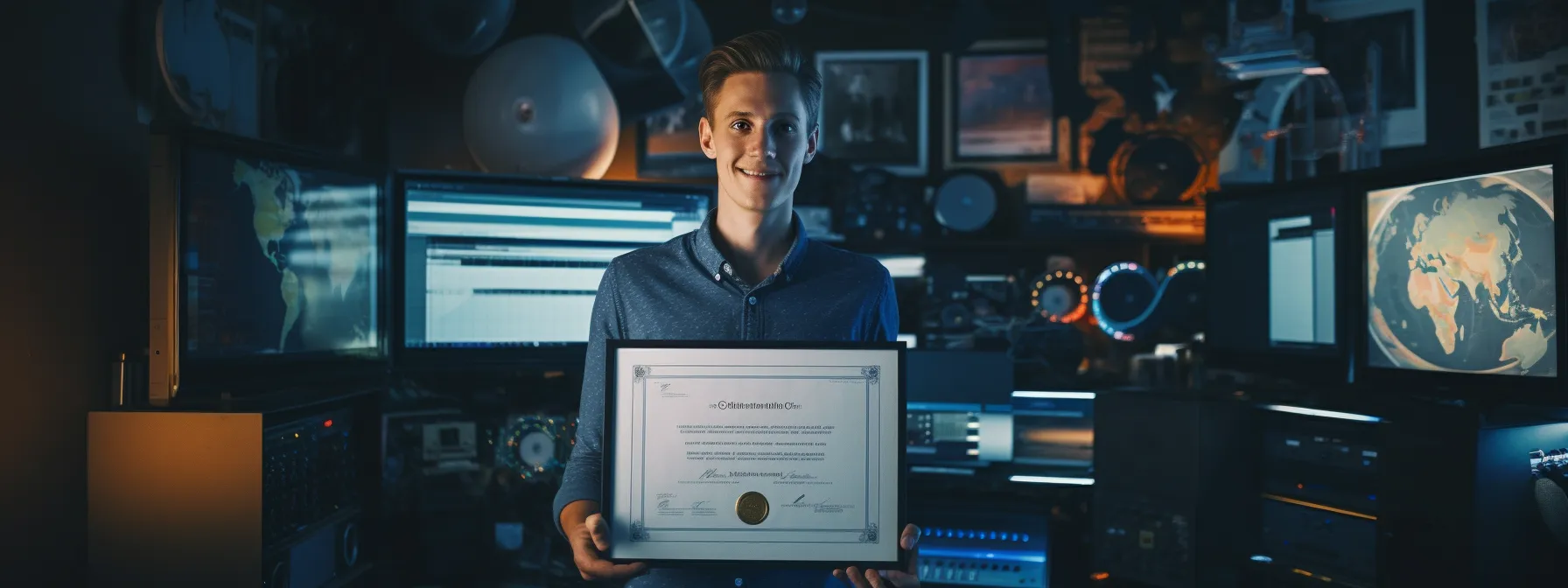 a person holding a certificate while standing in front of a computer screen displaying various seo tools and techniques.