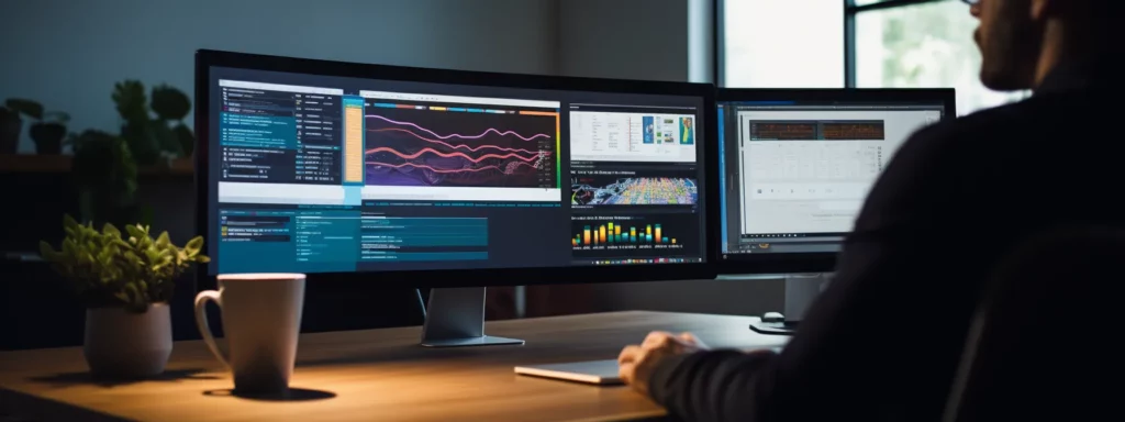 a person sitting at a desk with a computer screen displaying an seo training course.