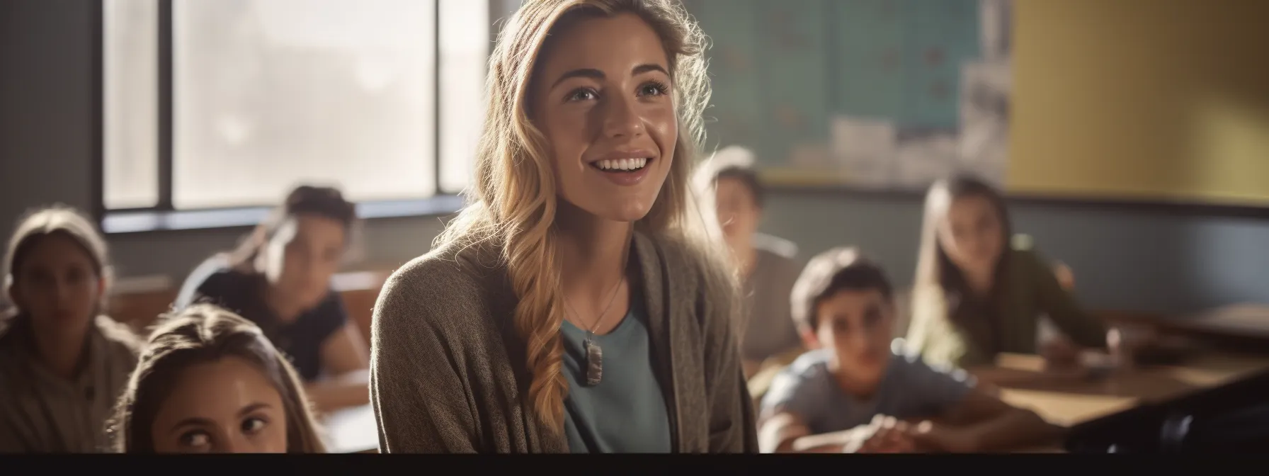 a business owner happily engages with a group of engaged students in a vibrant classroom setting.