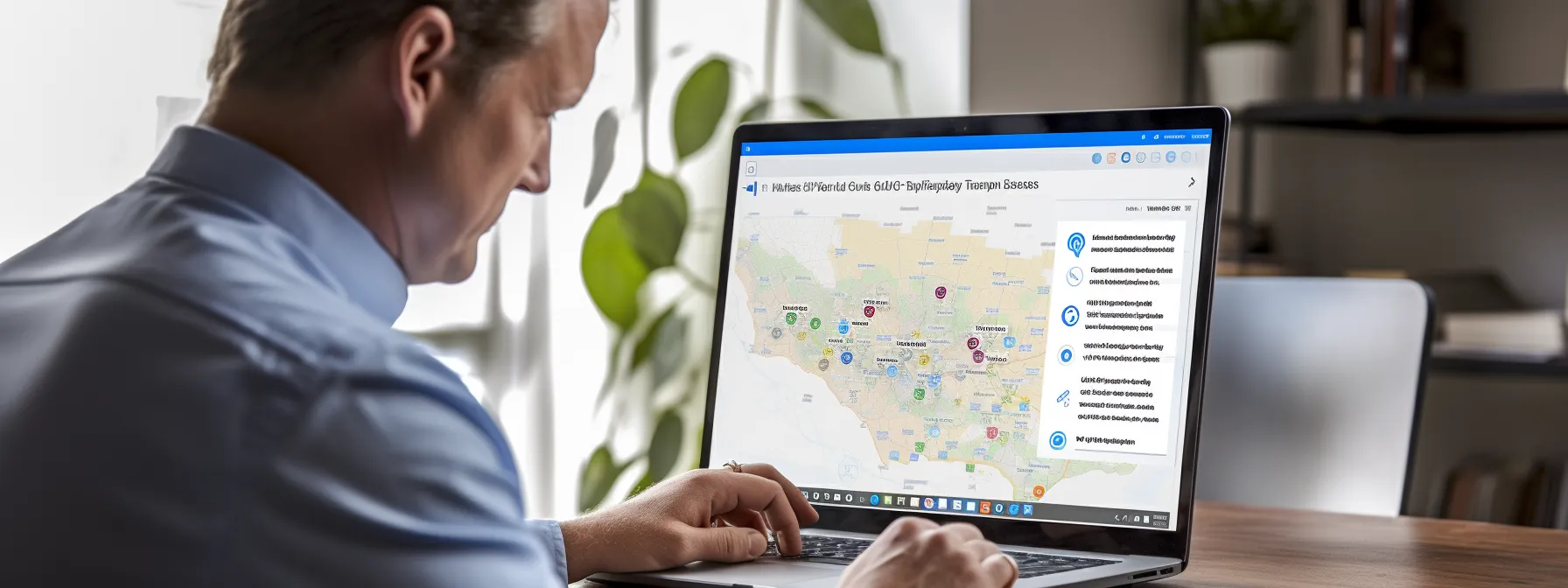 a business owner looking at their google my business profile on a computer screen, with a map showing the location of their business and customer reviews displayed.