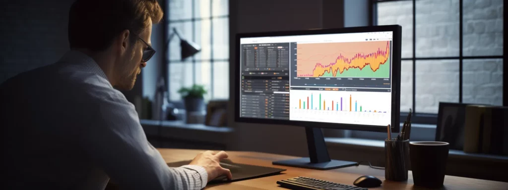 a person sitting at a desk, with a computer screen showing google analytics open and a hand hovering over the mouse.