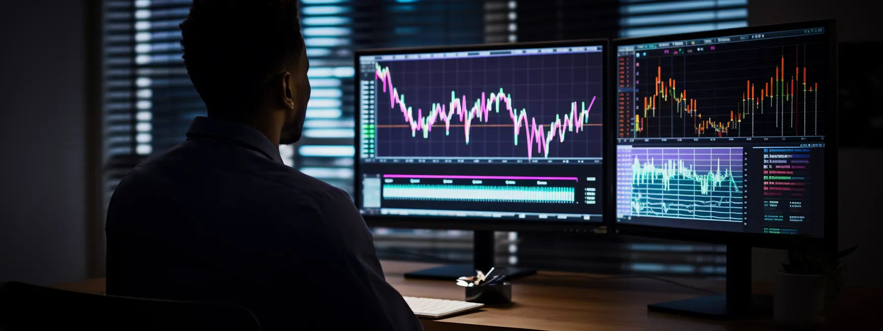a person analyzing data on a computer screen with various charts and graphs displayed on the monitor.