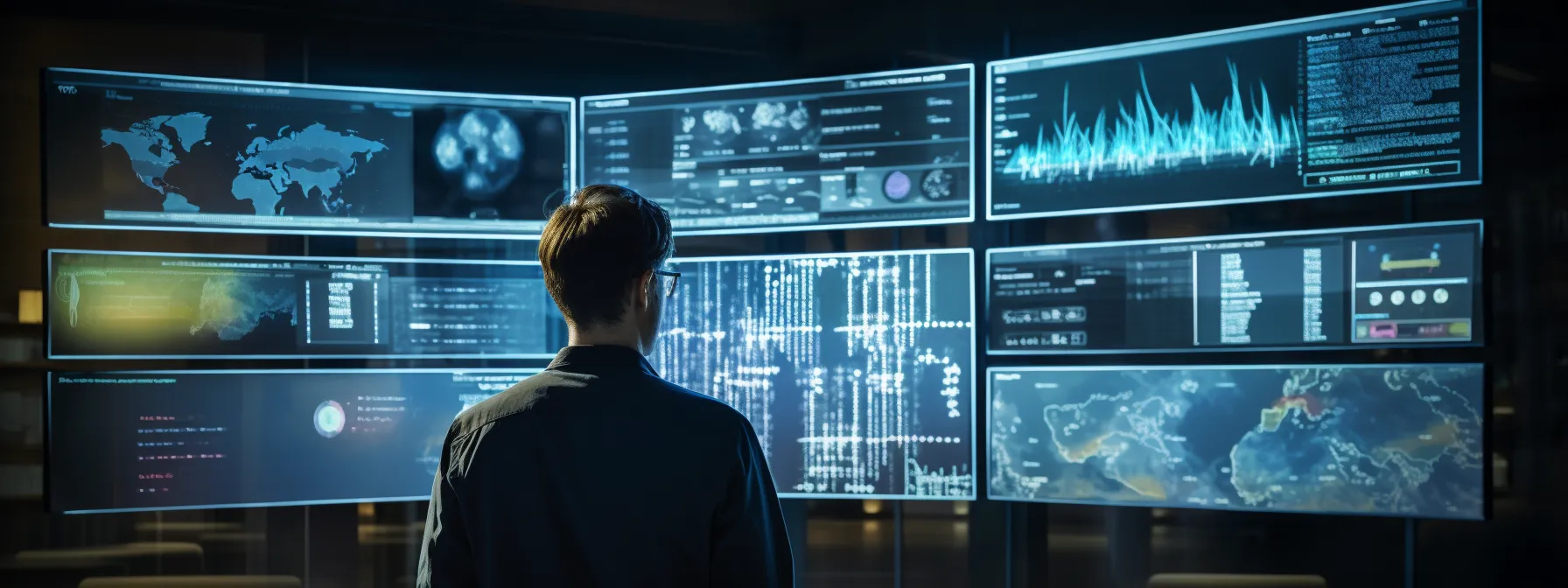 a person interacting with screens displaying complex data analysis charts and graphs.