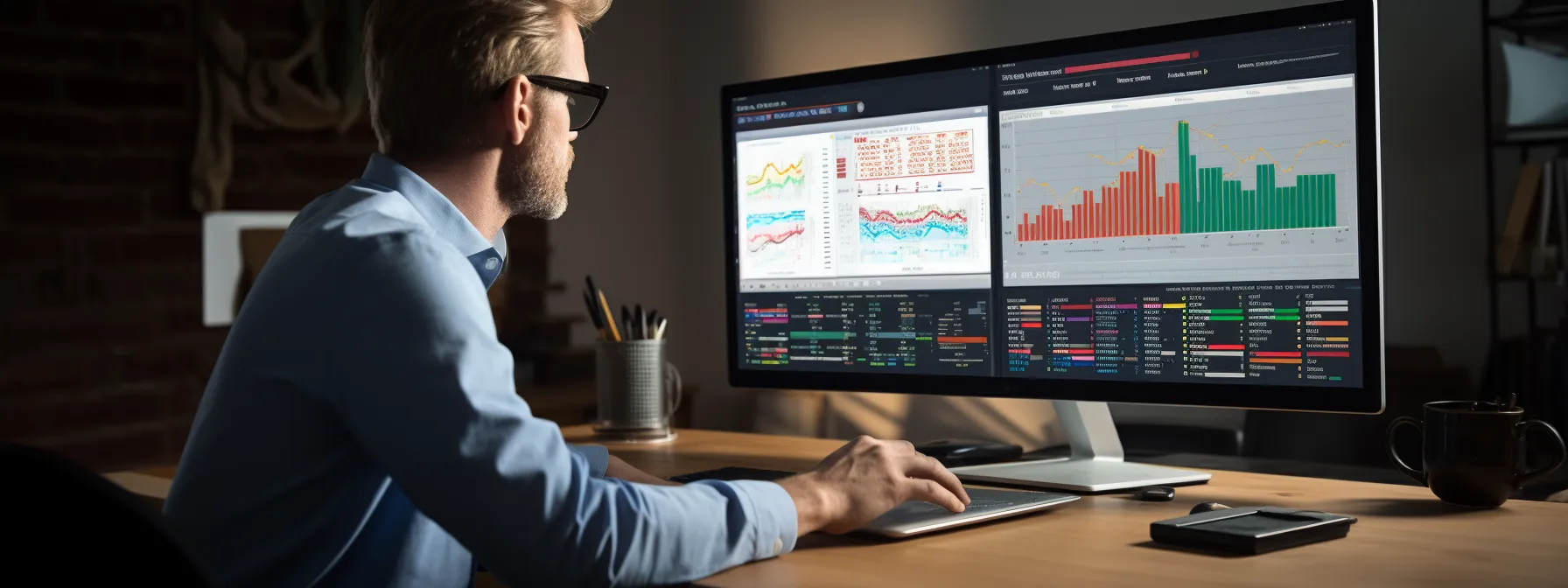 a person analyzing keyword data and search trends on a computer screen with various seo tools and charts.