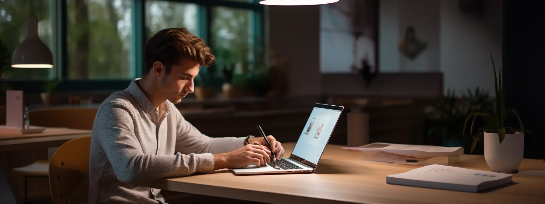 a person sitting at a desk, studying google seo courses with a laptop and notes.