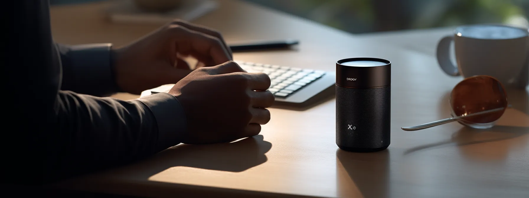 a person using a voice assistant device to search the internet.