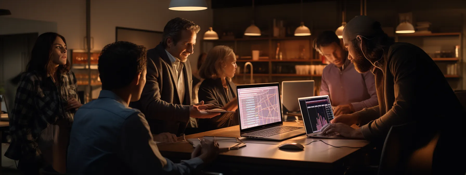 a group of digital marketers gather around a computer screen, studying event tracking data in google analytics 4.