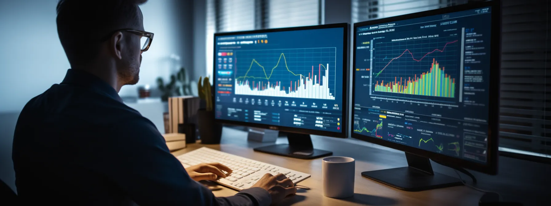 a person analyzing data on a computer screen with charts and graphs related to seo components.