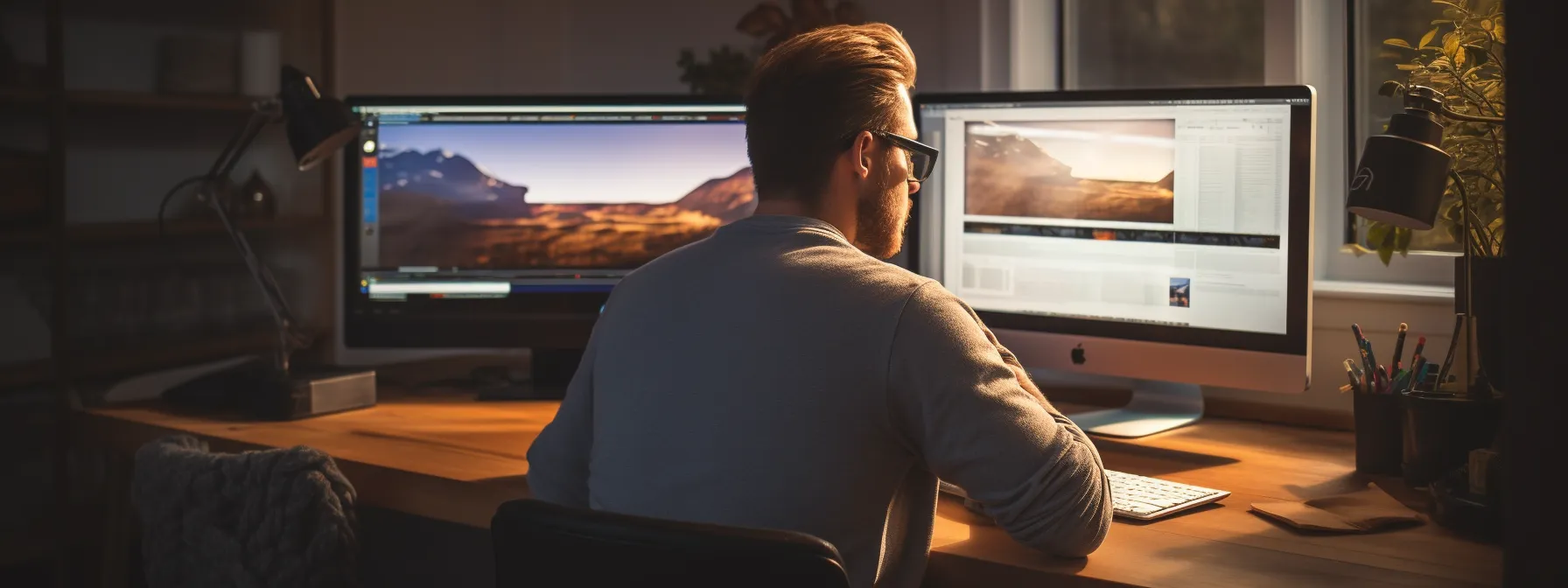 a person sitting at a desk, learning seo principles from seotheory's website.