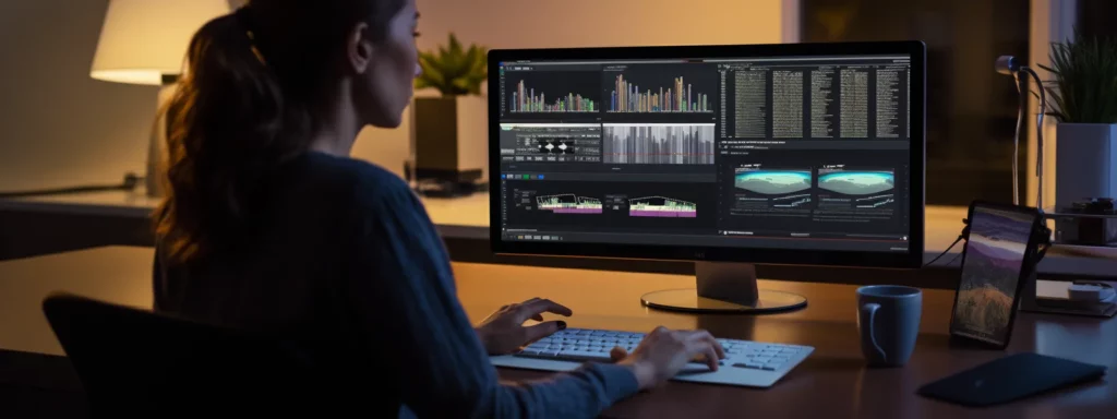 a person sitting at a computer screen with various website speed optimization tools and resources visible on the screen.