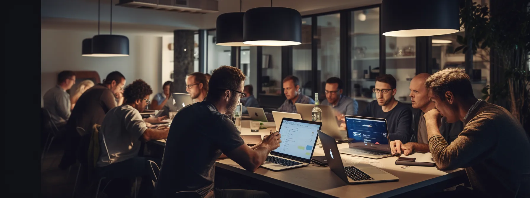 a group of professionals participating in an seo certification course, eagerly listening and taking notes.