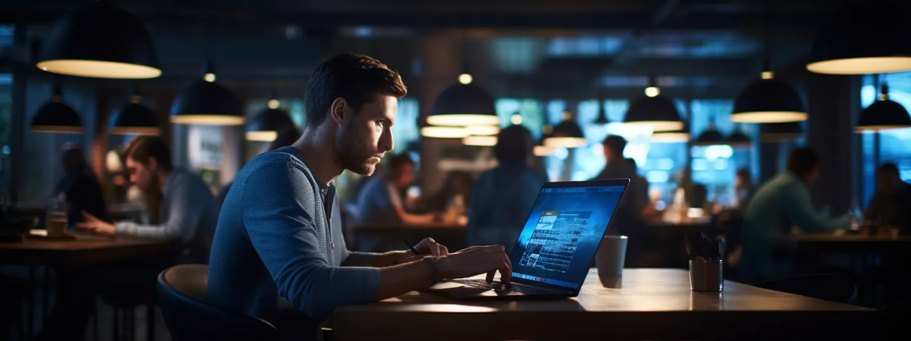 a person sitting at a computer, studying seotheory courses with a determined expression on their face.
