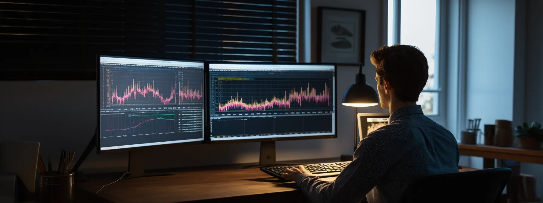 a person analyzing data on a computer screen with charts and graphs related to voice search optimization.