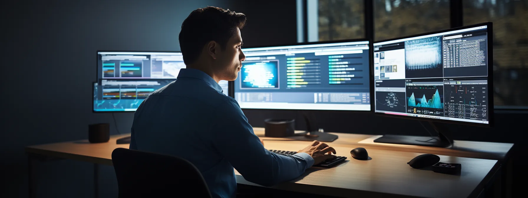 a person sitting at a desk, surrounded by computer monitors, studying seo strategies.