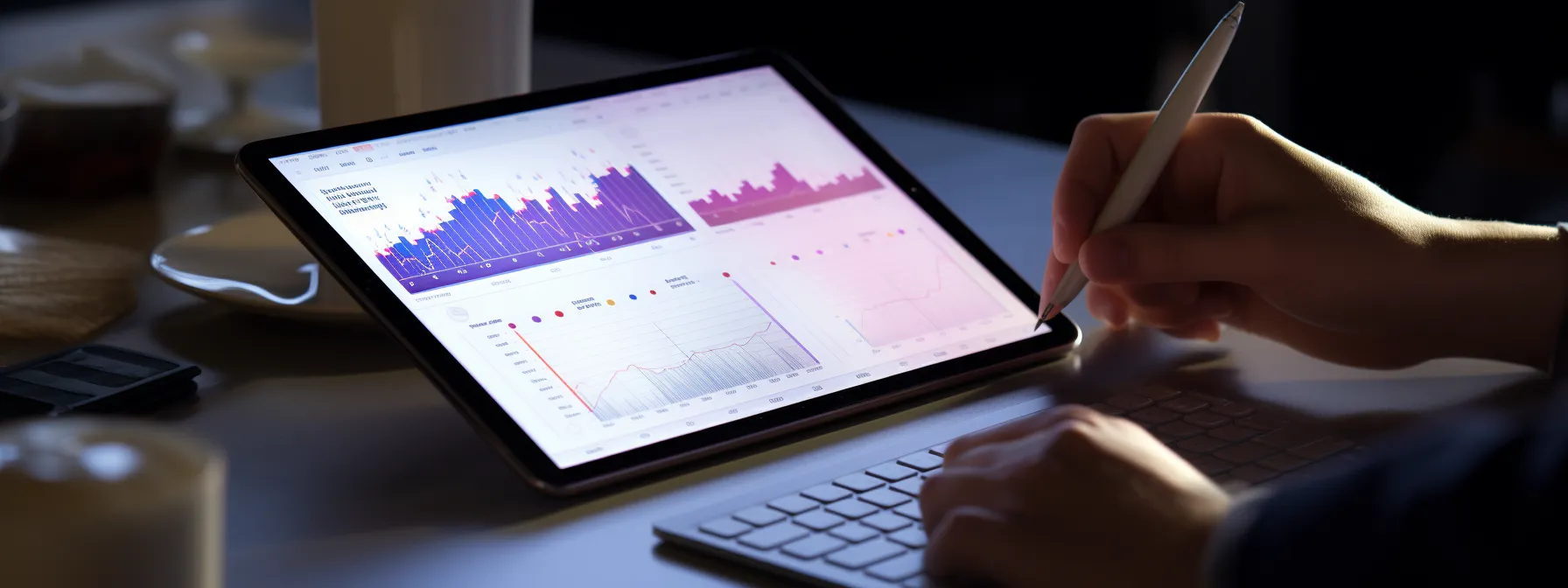 a person analyzing data on a mobile device with various charts and graphs on the screen.