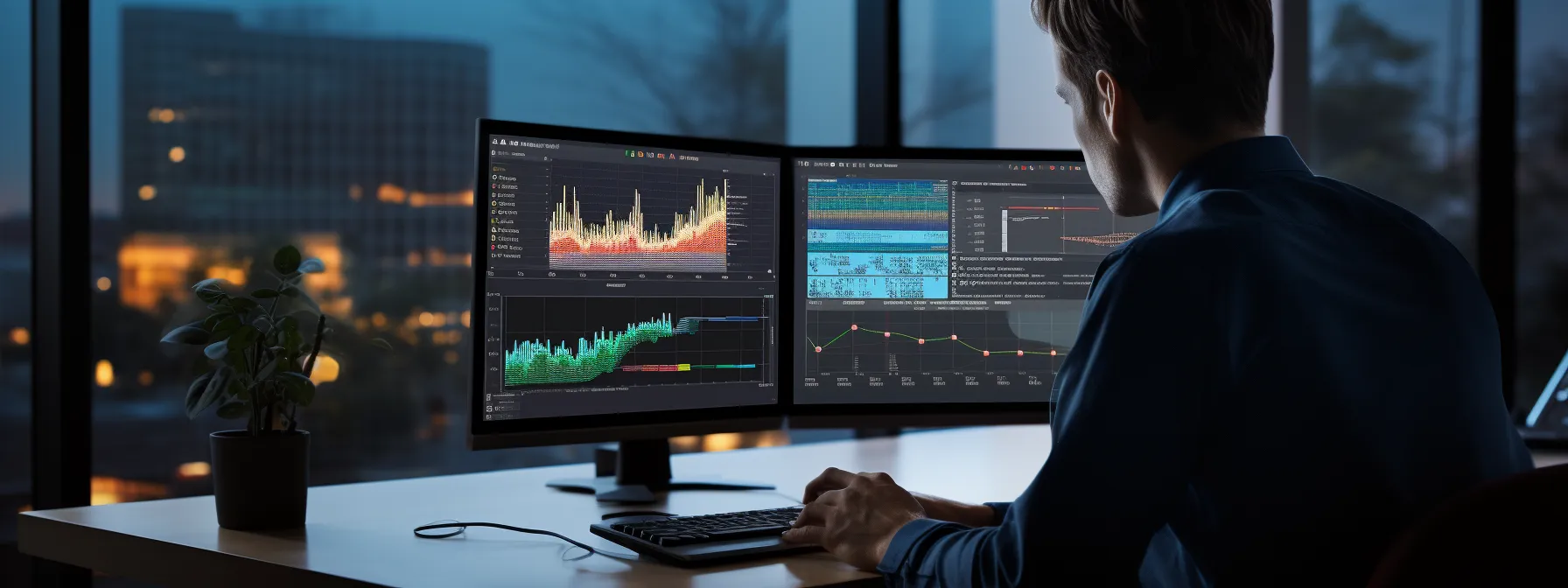 a marketer analyzing real-time data on a computer screen with various metrics and analytics displayed.