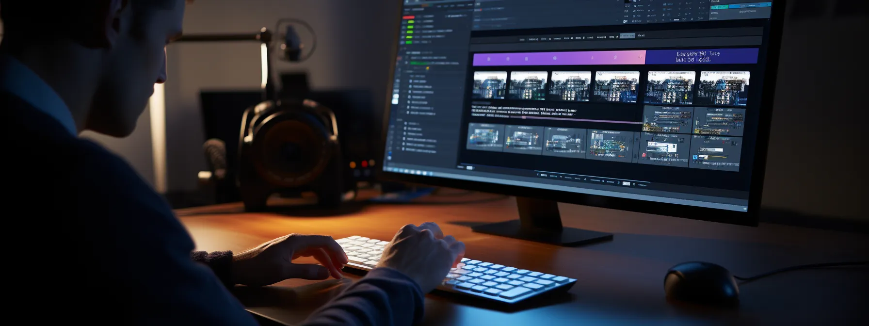 a person typing on a computer, with search engine optimization concepts and strategies displayed on the screen.