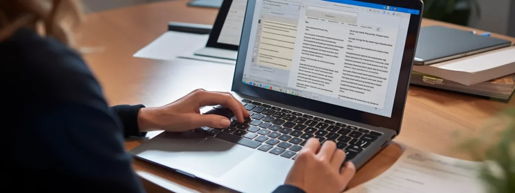 a person typing on a laptop with a notepad and pen next to it, surrounded by seo books and articles.