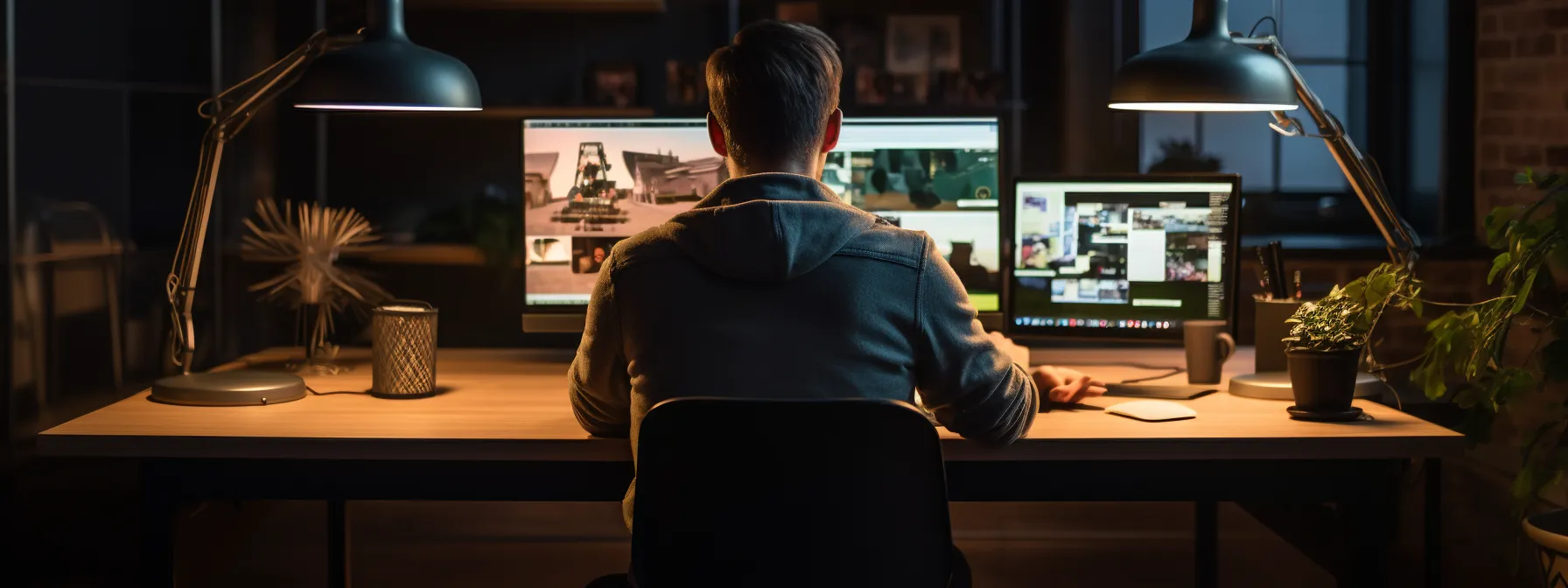a person sitting at a desk with a computer, taking an seo certification exam online.